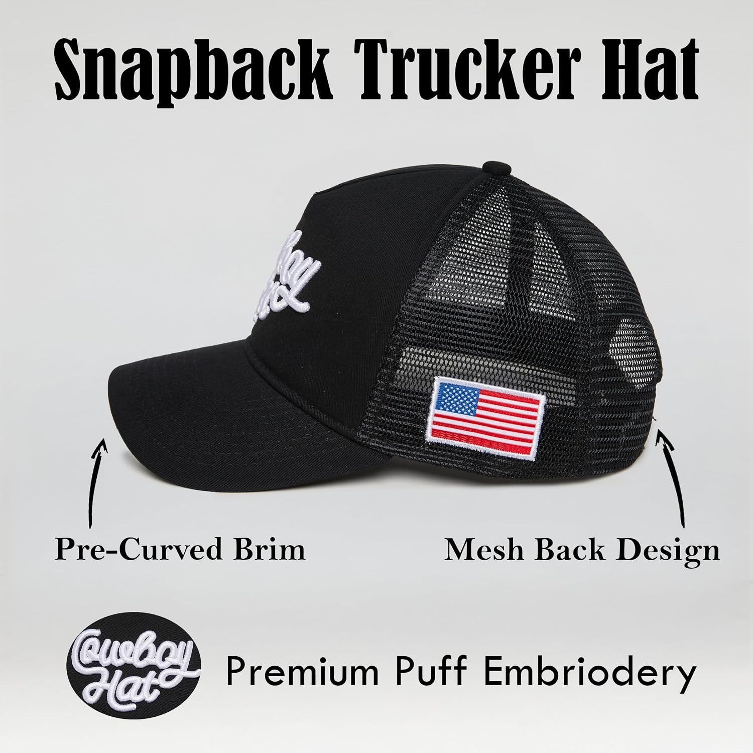 image:imageFunky Junque Vintage Trucker Hat Embroidered American Flag Cap  Cottonfront trucker hat with precurved bill for hiking outdoor sports everyday wear amp patriotic styleCowboy Hat  Black