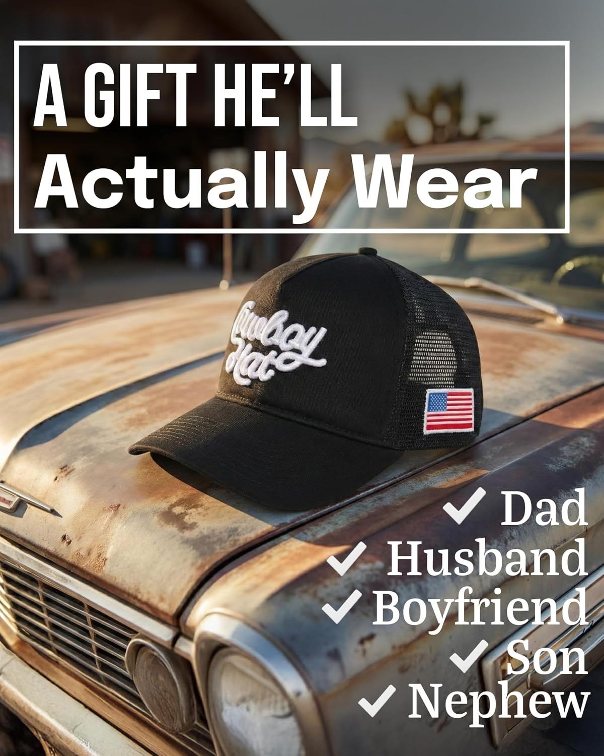 image:imageFunky Junque Vintage Trucker Hat Embroidered American Flag Cap  Cottonfront trucker hat with precurved bill for hiking outdoor sports everyday wear amp patriotic styleCowboy Hat  Black