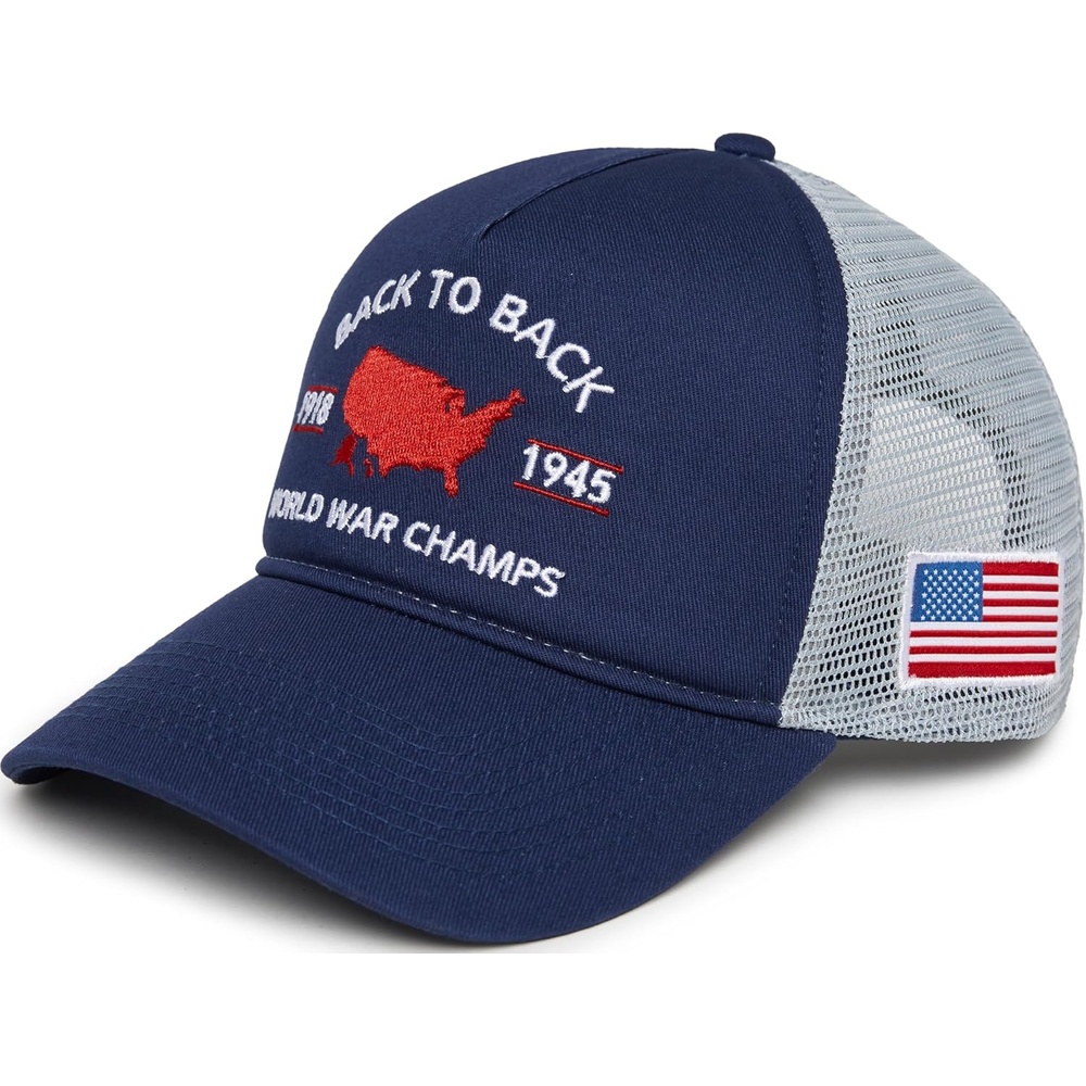 image:imageFunky Junque Vintage Trucker Hat Embroidered American Flag Cap  Cottonfront trucker hat with precurved bill for hiking outdoor sports everyday wear amp patriotic styleBack to Back Wwii Champs  Navy
