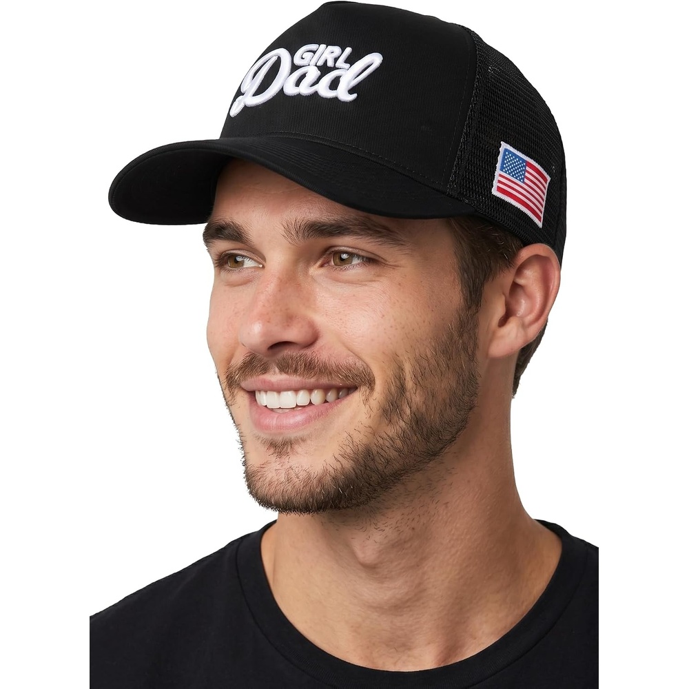 image:imageFunky Junque Vintage Trucker Hat Embroidered American Flag Cap  Cottonfront trucker hat with precurved bill for hiking outdoor sports everyday wear amp patriotic styleGirl Dad  Black