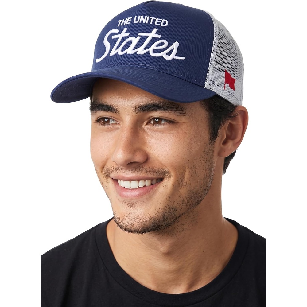 image:imageFunky Junque Vintage Trucker Hat Embroidered American Flag Cap  Cottonfront trucker hat with precurved bill for hiking outdoor sports everyday wear amp patriotic styleThe United States  Navy