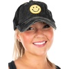 image:imageFunky Junque Criss Cross Ponytail Cap Messy Bun Distressed Baseball Hat  Ponytail messy bun baseball cap for women with crisscross elastic bands for beach gym gardening sporting events amp workSmiley Face  BlackYellow