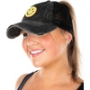 image:imageFunky Junque Criss Cross Ponytail Cap Messy Bun Distressed Baseball Hat  Ponytail messy bun baseball cap for women with crisscross elastic bands for beach gym gardening sporting events amp workSmiley Face  BlackYellow