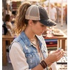 image:imageFunky Junque Criss Cross Ponytail Cap Messy Bun Distressed Baseball Hat  Ponytail messy bun baseball cap for women with crisscross elastic bands for beach gym gardening sporting events amp workBeige Mesh  Black Distressed