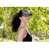image:imageFunky Junque Criss Cross Ponytail Cap Messy Bun Distressed Baseball Hat  Ponytail messy bun baseball cap for women with crisscross elastic bands for beach gym gardening sporting events amp workCow Print  Beige