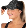 image:imageFunky Junque Criss Cross Ponytail Cap Messy Bun Distressed Baseball Hat  Ponytail messy bun baseball cap for women with crisscross elastic bands for beach gym gardening sporting events amp workEyelet  Black