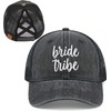 image:imageFunky Junque Criss Cross Ponytail Cap Messy Bun Distressed Baseball Hat  Ponytail messy bun baseball cap for women with crisscross elastic bands for beach gym gardening sporting events amp workBride Tribe  Black Distressed W Black Mesh