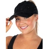 image:imageFunky Junque Criss Cross Ponytail Cap Messy Bun Distressed Baseball Hat  Ponytail messy bun baseball cap for women with crisscross elastic bands for beach gym gardening sporting events amp workCotton Eyelet  Black