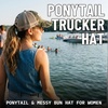 image:imageFunky Junque Criss Cross Ponytail Cap Messy Bun Distressed Baseball Hat  Ponytail messy bun baseball cap for women with crisscross elastic bands for beach gym gardening sporting events amp workAmerican Flag  Camo Green