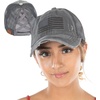image:imageFunky Junque Criss Cross Ponytail Cap Messy Bun Distressed Baseball Hat  Ponytail messy bun baseball cap for women with crisscross elastic bands for beach gym gardening sporting events amp workAmerican Flag  Grey