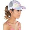 image:imageFunky Junque Criss Cross Ponytail Cap Messy Bun Distressed Baseball Hat  Ponytail messy bun baseball cap for women with crisscross elastic bands for beach gym gardening sporting events amp workTie Dye  Cotton Candy WMesh