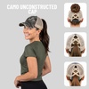 image:imageFunky Junque Criss Cross Ponytail Cap Messy Bun Distressed Baseball Hat  Ponytail messy bun baseball cap for women with crisscross elastic bands for beach gym gardening sporting events amp workBeige Mesh  Black Camo Distressed