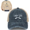 image:imageFunky Junque Criss Cross Ponytail Cap Messy Bun Distressed Baseball Hat  Ponytail messy bun baseball cap for women with crisscross elastic bands for beach gym gardening sporting events amp workLake Life  Navy Distressed W Beige Mesh