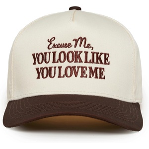 image:imageFunky Junque Adult Trucker Snapback Hat 2Tone Baseball Cap  5Panel Baseball Cap for Women and Men CottonPoly Blend Adjustable Fit Curved Brim Sun Protection for Golf Casual WearExcuse Me  You Look Like You Love Me BrownBeige