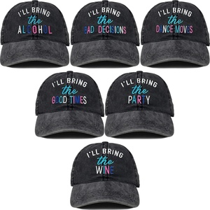 image:imageFunky Junque Bachelorette Party Girls Trip Baseball Caps  Cotton hat with embroidery for bachelorette parties bridal showers engagements amp gifts6 Pack  Ill Bring Thealcohol  Bad Decisions  Dance Moves  Good Times  Party  Wine