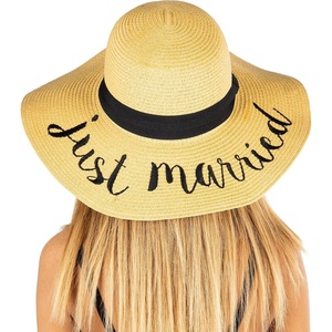 image:imageFunky Junque Bridal Straw Sun Hat Embroidered Bachelorette Party  Woven paper straw bridal hat with embroidered cursive sayings for beach outings bachelorette parties amp sunny daysA Just Married