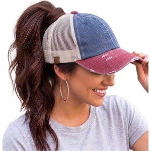 image:imageFunky Junque Criss Cross Ponytail Cap Messy Bun Distressed Baseball Hat  Ponytail messy bun baseball cap for women with crisscross elastic bands for beach gym gardening sporting events amp work2 Tone NavyBurgundy Distressed