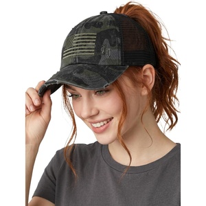 image:imageFunky Junque Criss Cross Ponytail Cap Messy Bun Distressed Baseball Hat  Ponytail messy bun baseball cap for women with crisscross elastic bands for beach gym gardening sporting events amp workAmerican Flag  Jet Black Camo
