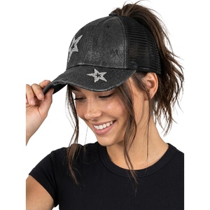 image:imageFunky Junque Criss Cross Ponytail Cap Messy Bun Distressed Baseball Hat  Ponytail messy bun baseball cap for women with crisscross elastic bands for beach gym gardening sporting events amp workStar Black Distressed