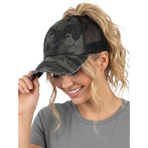 image:imageFunky Junque Criss Cross Ponytail Cap Messy Bun Distressed Baseball Hat  Ponytail messy bun baseball cap for women with crisscross elastic bands for beach gym gardening sporting events amp workBlack Mesh  Black Camo Distressed