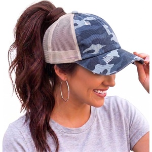 image:imageFunky Junque Criss Cross Ponytail Cap Messy Bun Distressed Baseball Hat  Ponytail messy bun baseball cap for women with crisscross elastic bands for beach gym gardening sporting events amp workBeige Mesh  Blue Camo Distressed