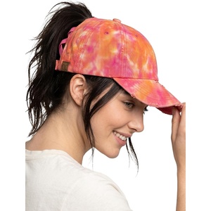 image:imageFunky Junque Criss Cross Ponytail Cap Messy Bun Distressed Baseball Hat  Ponytail messy bun baseball cap for women with crisscross elastic bands for beach gym gardening sporting events amp workTie Dye  Hot Pink Mix