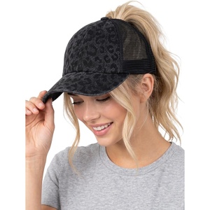 image:imageFunky Junque Criss Cross Ponytail Cap Messy Bun Distressed Baseball Hat  Ponytail messy bun baseball cap for women with crisscross elastic bands for beach gym gardening sporting events amp workLeopard  Black