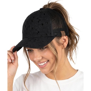 image:imageFunky Junque Criss Cross Ponytail Cap Messy Bun Distressed Baseball Hat  Ponytail messy bun baseball cap for women with crisscross elastic bands for beach gym gardening sporting events amp workCotton Eyelet  Black
