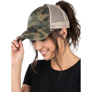 image:imageFunky Junque Criss Cross Ponytail Cap Messy Bun Distressed Baseball Hat  Ponytail messy bun baseball cap for women with crisscross elastic bands for beach gym gardening sporting events amp workAmerican Flag  Camo Green