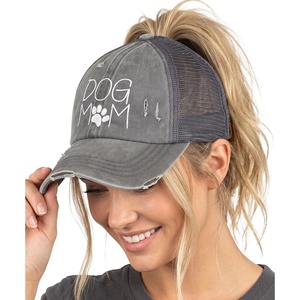 image:imageFunky Junque Criss Cross Ponytail Cap Messy Bun Distressed Baseball Hat  Ponytail messy bun baseball cap for women with crisscross elastic bands for beach gym gardening sporting events amp workDog Mom  Grey Distressed W Black Mesh