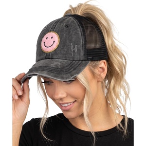 image:imageFunky Junque Criss Cross Ponytail Cap Messy Bun Distressed Baseball Hat  Ponytail messy bun baseball cap for women with crisscross elastic bands for beach gym gardening sporting events amp workSmiley Face  BlackPink