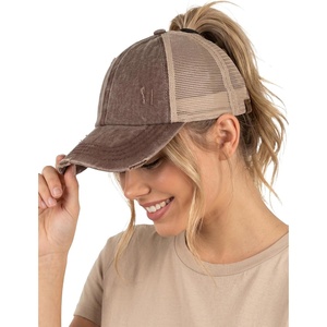 image:imageFunky Junque Criss Cross Ponytail Cap Messy Bun Distressed Baseball Hat  Ponytail messy bun baseball cap for women with crisscross elastic bands for beach gym gardening sporting events amp workBrown