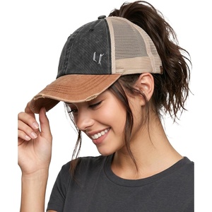 image:imageFunky Junque Criss Cross Ponytail Cap Messy Bun Distressed Baseball Hat  Ponytail messy bun baseball cap for women with crisscross elastic bands for beach gym gardening sporting events amp work2 Tone BlackCamel Distressed