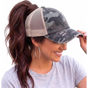 image:imageFunky Junque Criss Cross Ponytail Cap Messy Bun Distressed Baseball Hat  Ponytail messy bun baseball cap for women with crisscross elastic bands for beach gym gardening sporting events amp workBeige Mesh  Black Camo Distressed