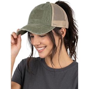 image:imageFunky Junque Criss Cross Ponytail Cap Messy Bun Distressed Baseball Hat  Ponytail messy bun baseball cap for women with crisscross elastic bands for beach gym gardening sporting events amp workAmerican Flag  Olive