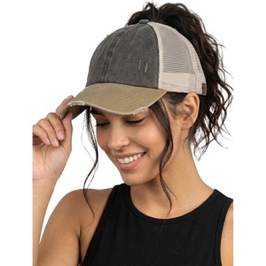 image:imageFunky Junque Criss Cross Ponytail Cap Messy Bun Distressed Baseball Hat  Ponytail messy bun baseball cap for women with crisscross elastic bands for beach gym gardening sporting events amp work2 Tone BrownKhaki Distressed