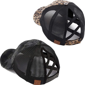 image:imageFunky Junque Criss Cross Ponytail Cap Messy Bun Distressed Baseball Hat  Ponytail messy bun baseball cap for women with crisscross elastic bands for beach gym gardening sporting events amp work2 Pack  Baby Leopard  Camo Jet Black