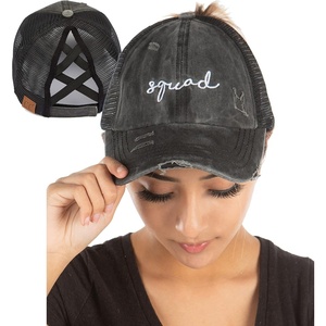 image:imageFunky Junque Criss Cross Ponytail Cap Messy Bun Distressed Baseball Hat  Ponytail messy bun baseball cap for women with crisscross elastic bands for beach gym gardening sporting events amp workSquad  Black Distressed W Black Mesh