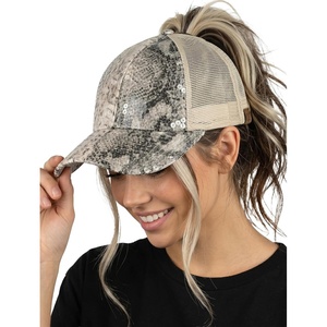 image:imageFunky Junque Criss Cross Ponytail Cap Messy Bun Distressed Baseball Hat  Ponytail messy bun baseball cap for women with crisscross elastic bands for beach gym gardening sporting events amp workSequin Snakeskin  Beige