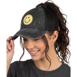 image:imageFunky Junque Criss Cross Ponytail Cap Messy Bun Distressed Baseball Hat  Ponytail messy bun baseball cap for women with crisscross elastic bands for beach gym gardening sporting events amp workSmiley Face  BlackYellow