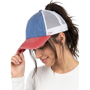 image:imageFunky Junque Criss Cross Ponytail Cap Messy Bun Distressed Baseball Hat  Ponytail messy bun baseball cap for women with crisscross elastic bands for beach gym gardening sporting events amp work2 Tone BlueRed Distressed