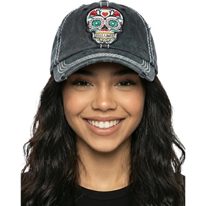 image:imageFunky Junque Distressed Baseball Cap Vintage Embroidered Dad Hat  Soft cotton distressed cap with vintage embroidery for music festivals road trips brunch amp weekend styleSugar Skull  Black