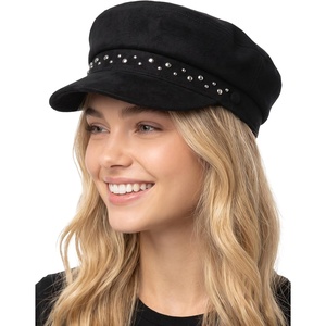 image:imageFunky Junque Greek Fisherman Newsboy Cap Cotton Captains Bakerboy Hat  Breathable cotton fisherman cap with flat round top for everyday style sun protection travel amp timeless looksStudded Suede  Black