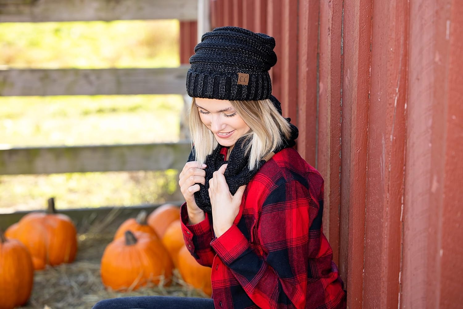 image:imageFunky Junque Slouchy Beanie amp Infinity Scarf Gift Set  Matching Winter Accessories Sets for Women Oversized Hat and ScarvesAn Onyx Black Tricolor Mix
