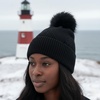 image:imageFunky Junque Basics Womens Pom Pom Beanie Winter Hats Cute Diagonal Pattern Fleece Lined Warm Stocking Caps Pompom TobogganBlack