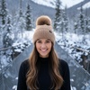 image:imageFunky Junque Basics Womens Pom Pom Beanie Winter Hats Cute Diagonal Pattern Fleece Lined Warm Stocking Caps Pompom TobogganBrown
