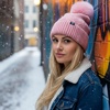 image:imageFunky Junque Basics Womens Pom Pom Beanie Winter Hats Cute Diagonal Pattern Fleece Lined Warm Stocking Caps Pompom TobogganPink