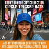 image:imageFunky Junque Embroidered Circle City Trucker Hat Mens Snapback Cap  Cotton trucker cap with embroidered city graphic for game day sports gifting amp everyday street styleNew York  BlueOrange