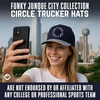 image:imageFunky Junque Embroidered Circle City Trucker Hat Mens Snapback Cap  Cotton trucker cap with embroidered city graphic for game day sports gifting amp everyday street styleDallas  NavySilver