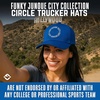 image:imageFunky Junque Embroidered Circle City Trucker Hat Mens Snapback Cap  Cotton trucker cap with embroidered city graphic for game day sports gifting amp everyday street styleLos Angeles  Blue